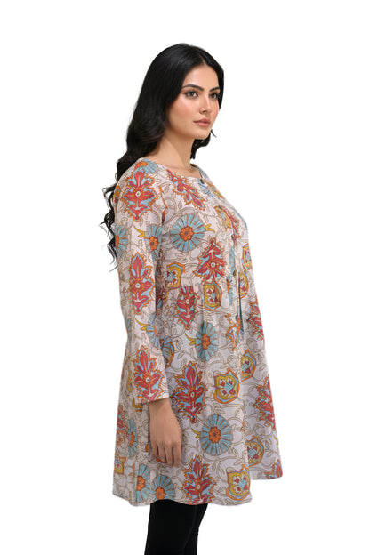 Cream Kalamkari Floral Lawn Printed A-Line Short Kurti