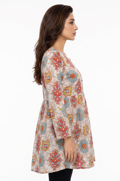 Cream Kalamkari Floral Lawn Printed A-Line Short Kurti