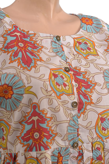 Cream Kalamkari Floral Lawn Printed A-Line Short Kurti
