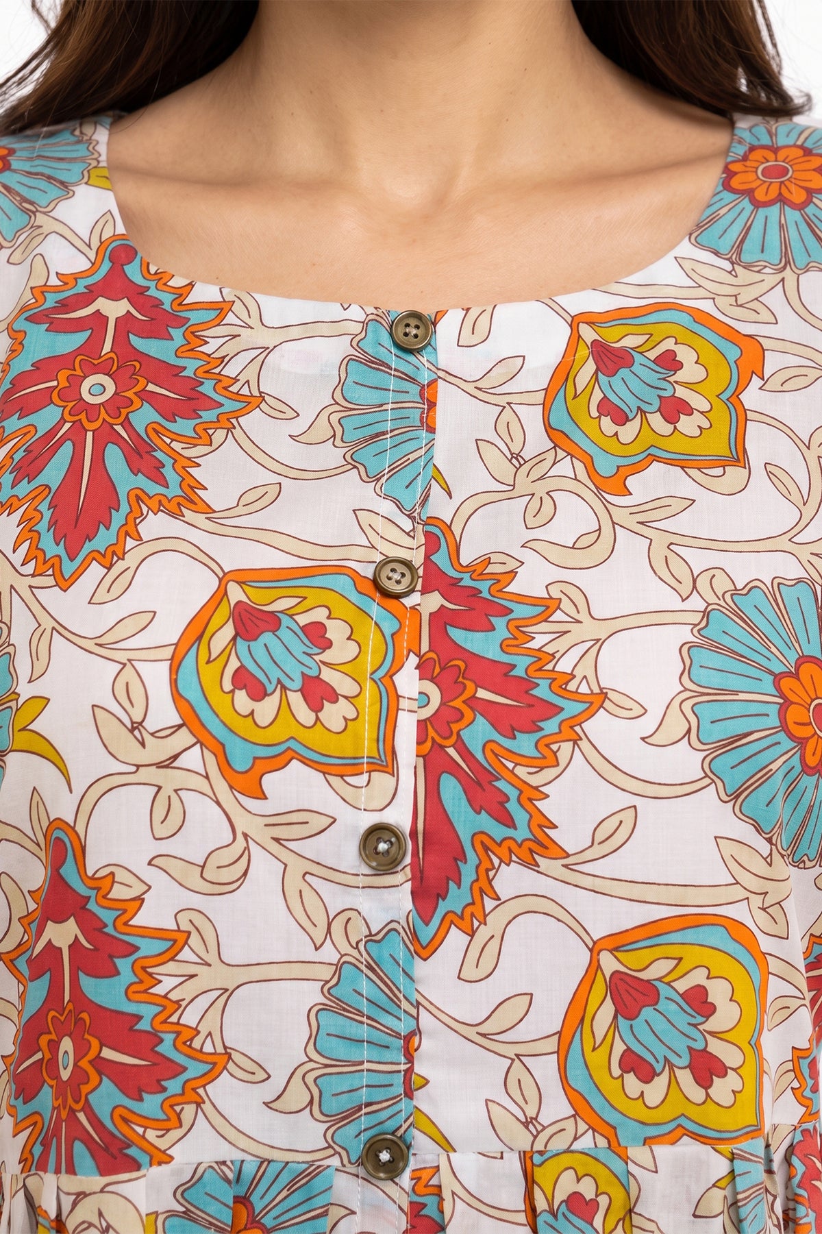 Cream Kalamkari Floral Lawn Printed A-Line Short Kurti