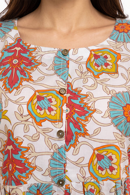 Cream Kalamkari Floral Lawn Printed A-Line Short Kurti