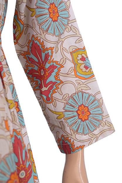 Cream Kalamkari Floral Lawn Printed A-Line Short Kurti