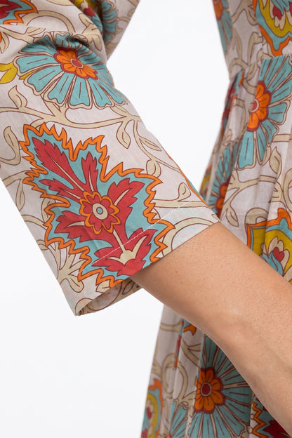Cream Kalamkari Floral Lawn Printed A-Line Short Kurti