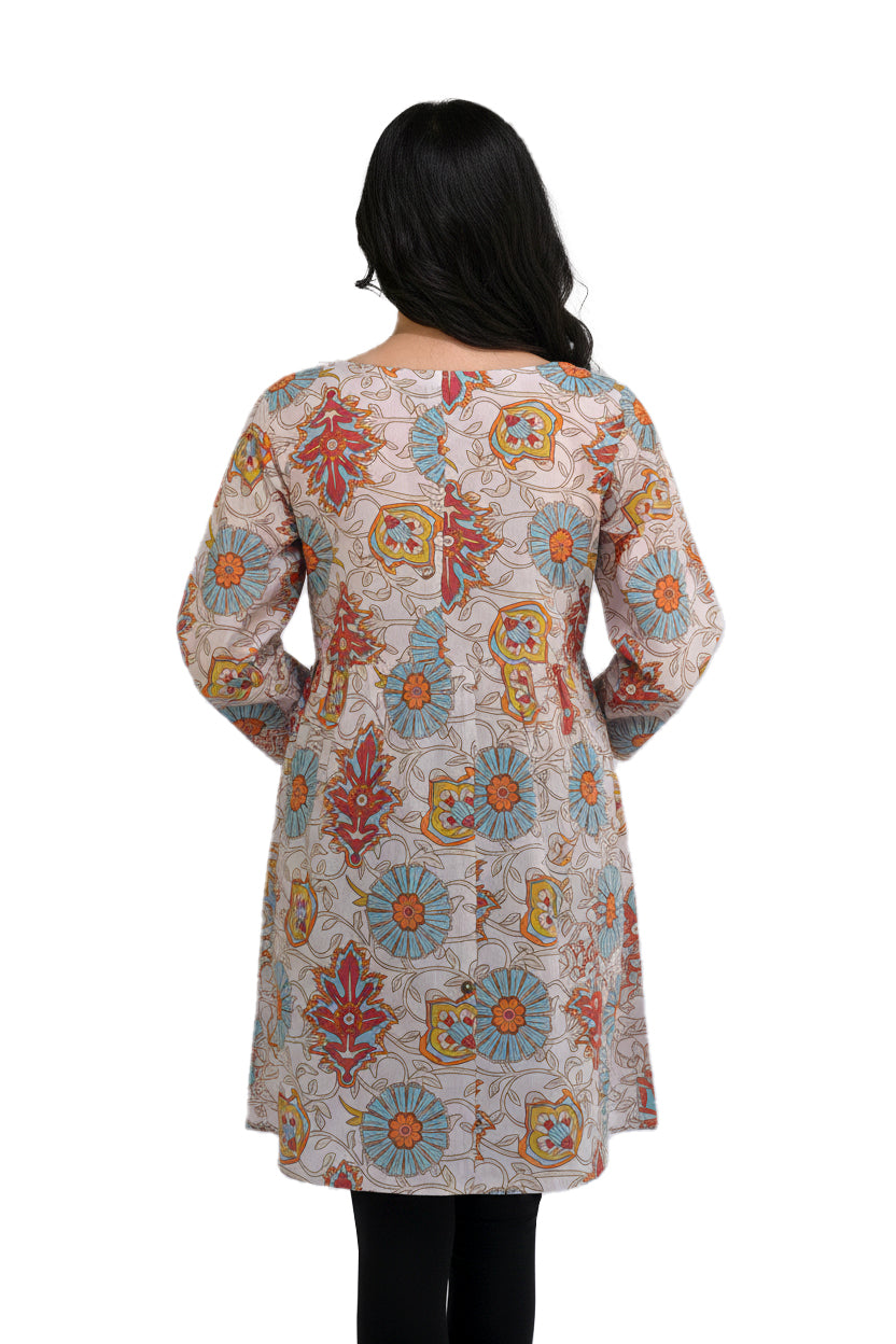 Cream Kalamkari Floral Lawn Printed A-Line Short Kurti