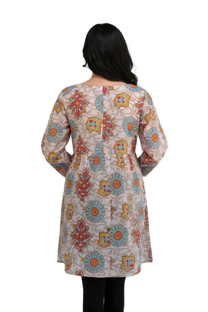 Cream Kalamkari Floral Lawn Printed A-Line Short Kurti