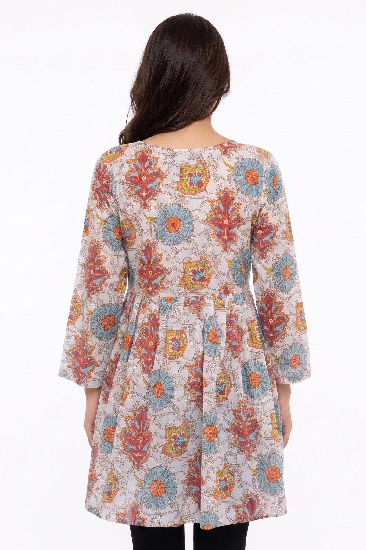 Cream Kalamkari Floral Lawn Printed A-Line Short Kurti