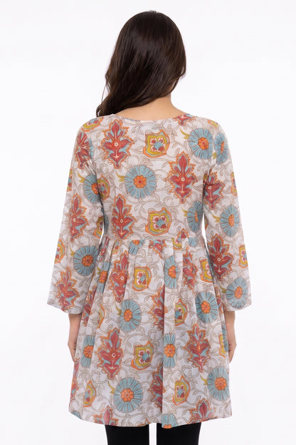 Cream Kalamkari Floral Lawn Printed A-Line Short Kurti