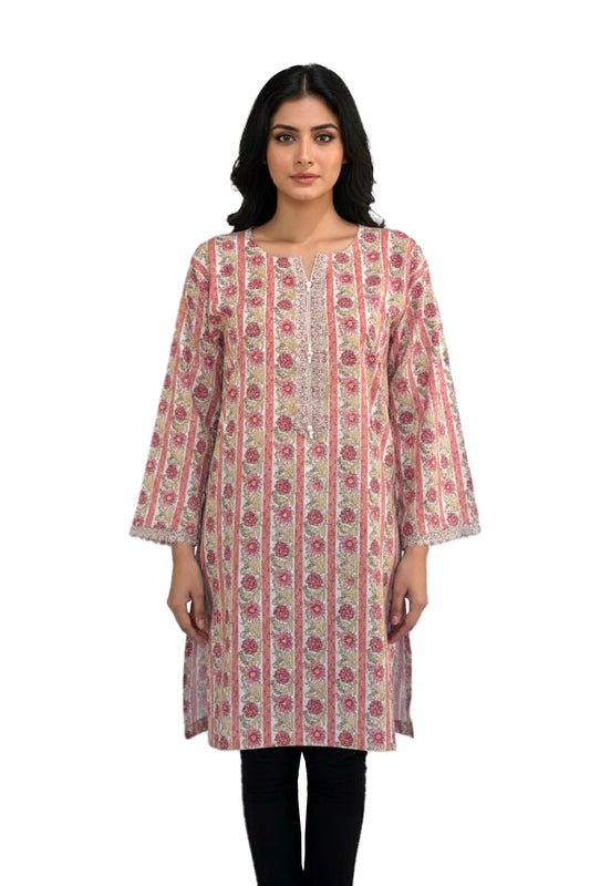 Ivory Floral Stripe Lawn Printed Short Kurti with Sequin Placket