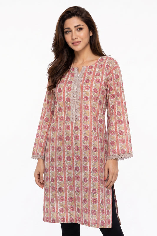 Ivory Floral Stripe Lawn Printed Short Kurti with Sequin Placket