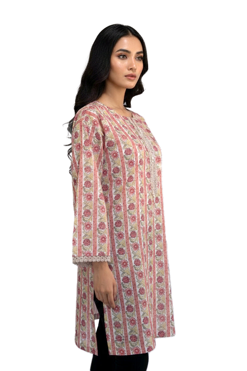 Ivory Floral Stripe Lawn Printed Short Kurti with Sequin Placket