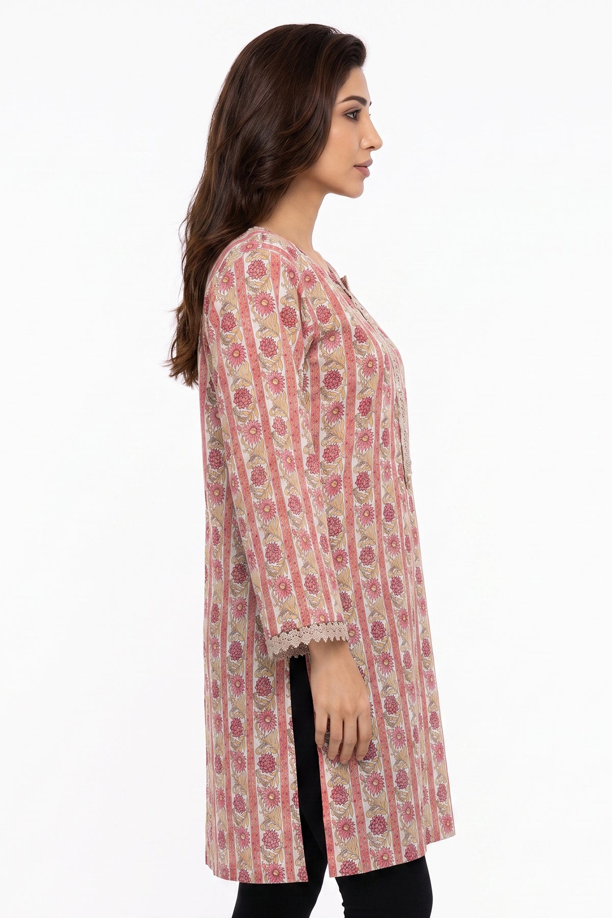 Ivory Floral Stripe Lawn Printed Short Kurti with Sequin Placket
