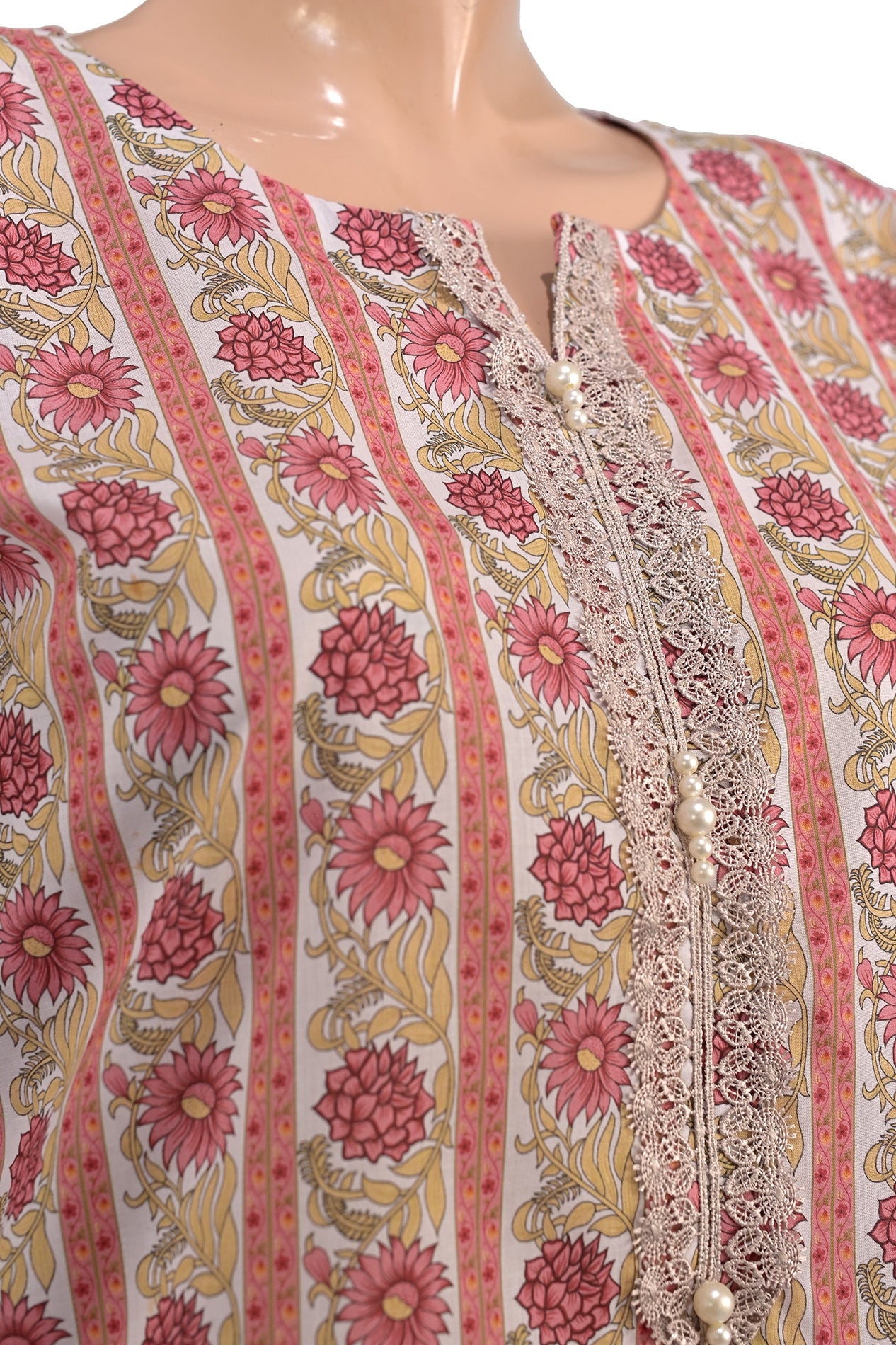Ivory Floral Stripe Lawn Printed Short Kurti with Sequin Placket