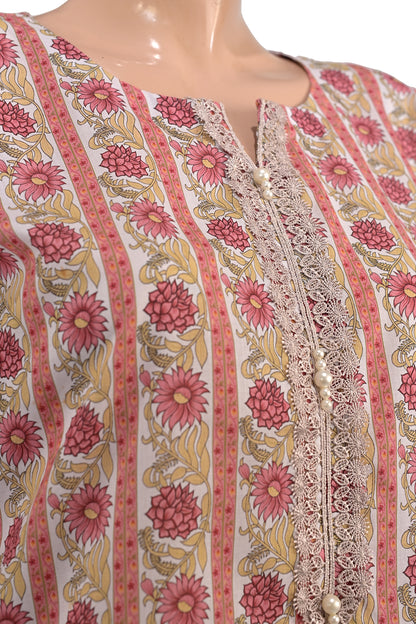 Ivory Floral Stripe Lawn Printed Short Kurti with Sequin Placket