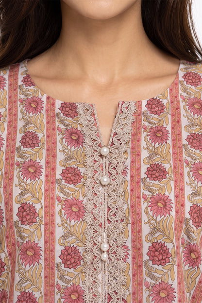 Ivory Floral Stripe Lawn Printed Short Kurti with Sequin Placket
