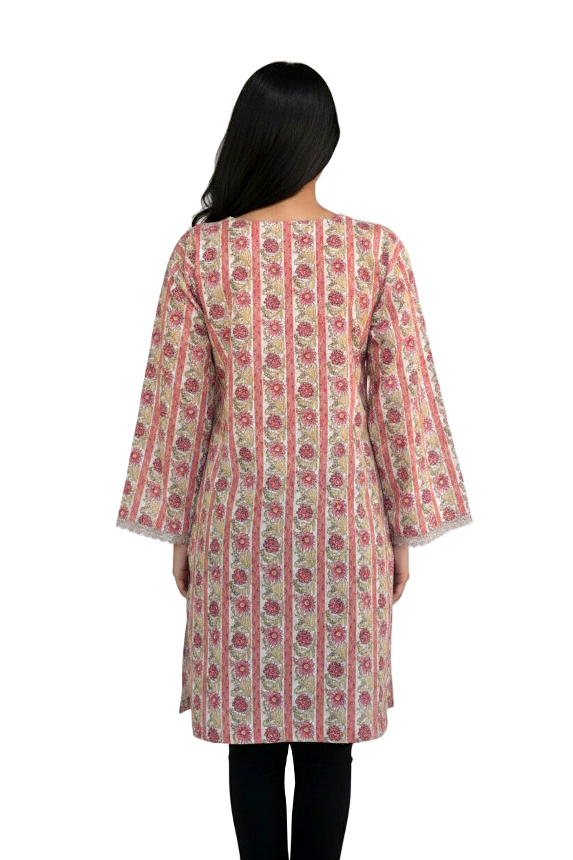 Ivory Floral Stripe Lawn Printed Short Kurti with Sequin Placket