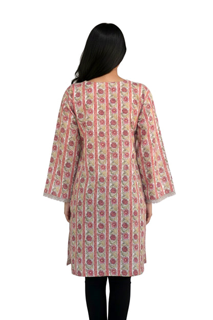 Ivory Floral Stripe Lawn Printed Short Kurti with Sequin Placket