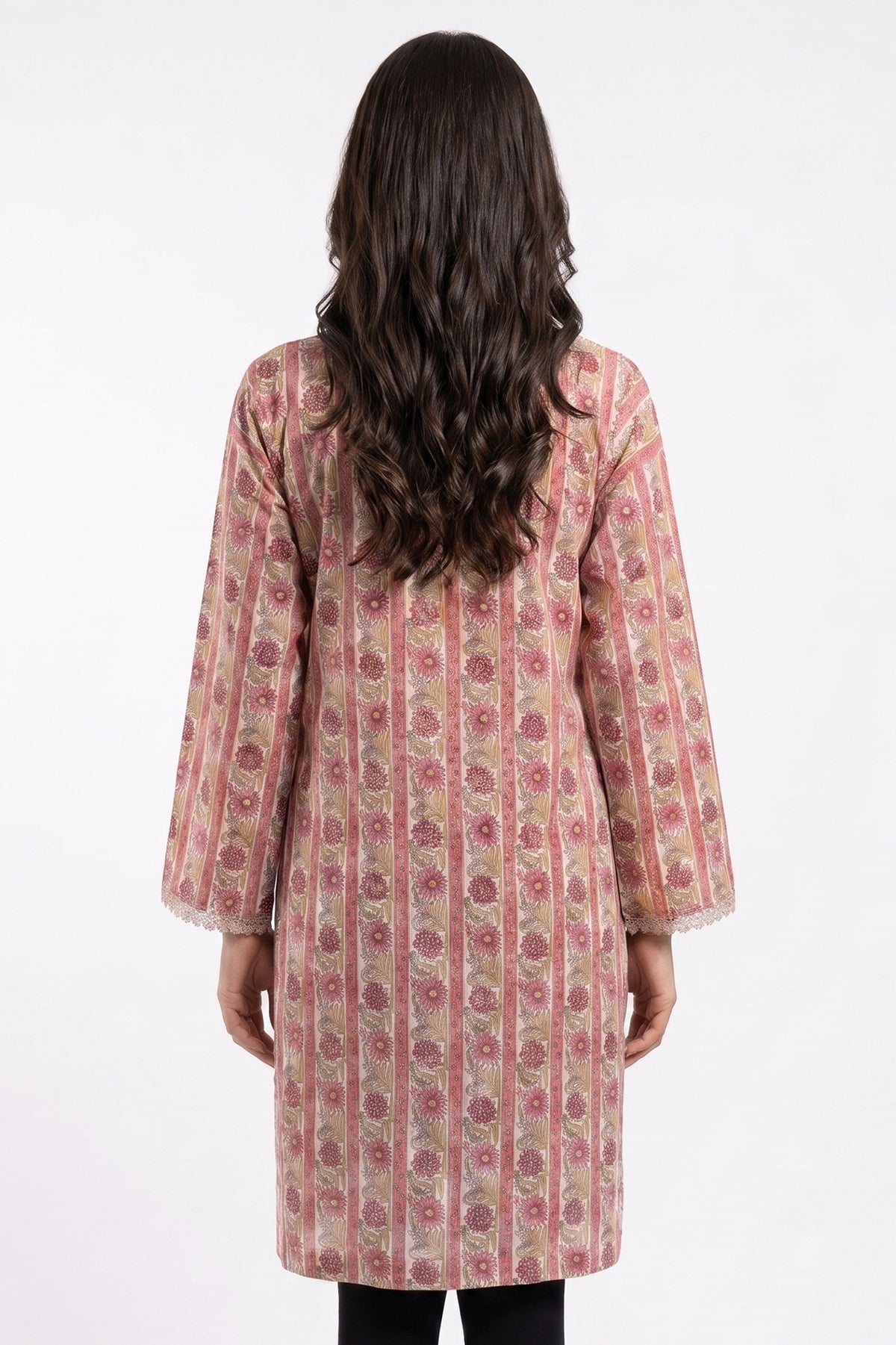 Ivory Floral Stripe Lawn Printed Short Kurti with Sequin Placket