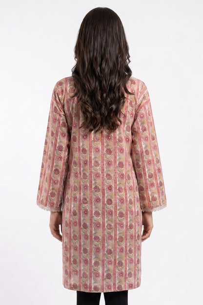Ivory Floral Stripe Lawn Printed Short Kurti with Sequin Placket