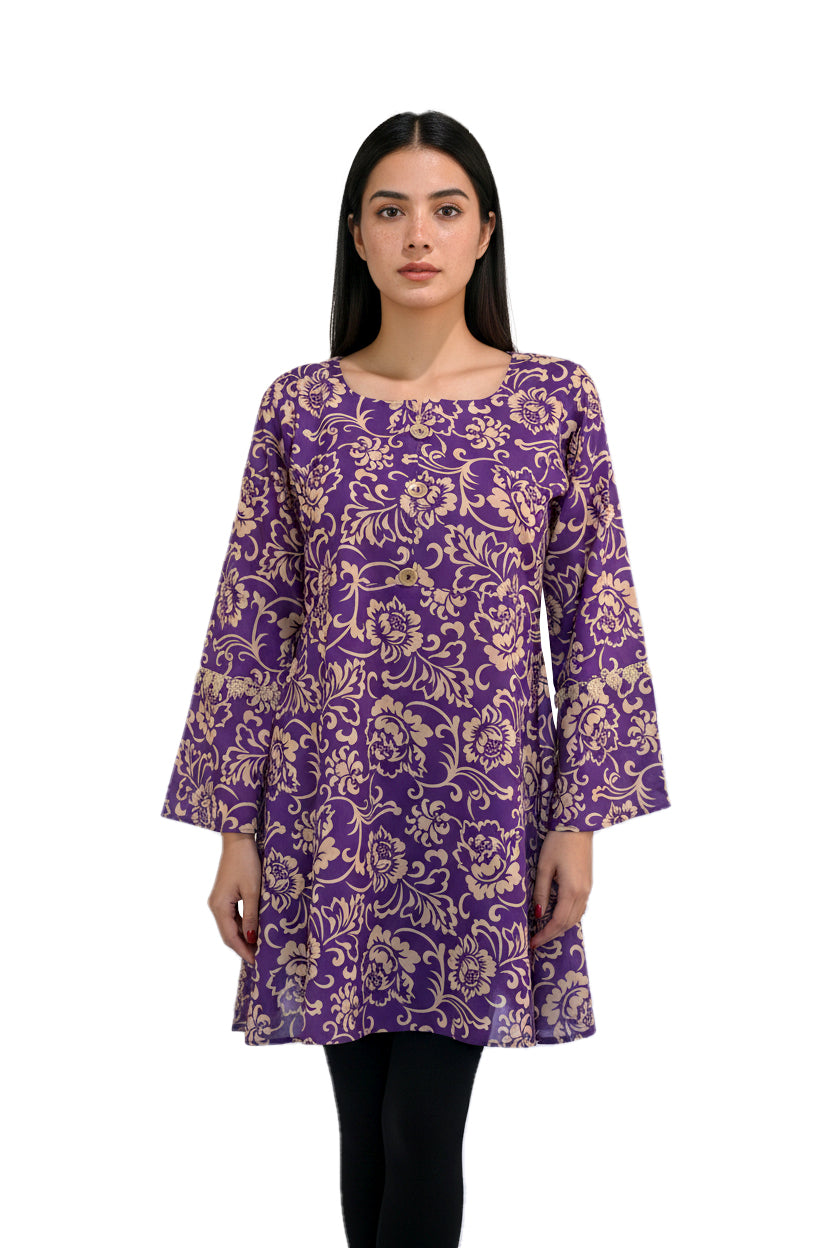 Royal Purple & Gold Baroque Floral Lawn Printed Short Kurti
