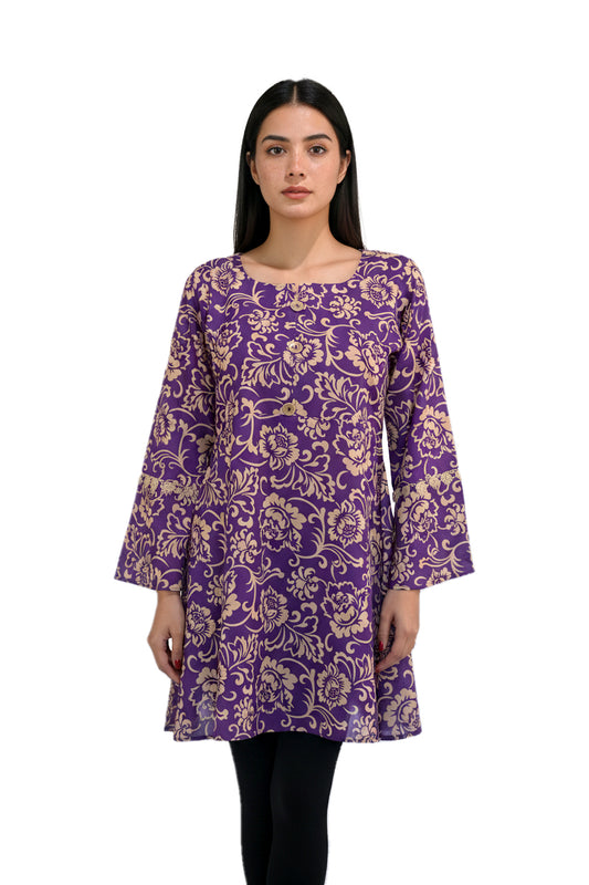 Royal Purple & Gold Baroque Floral Lawn Printed Short Kurti