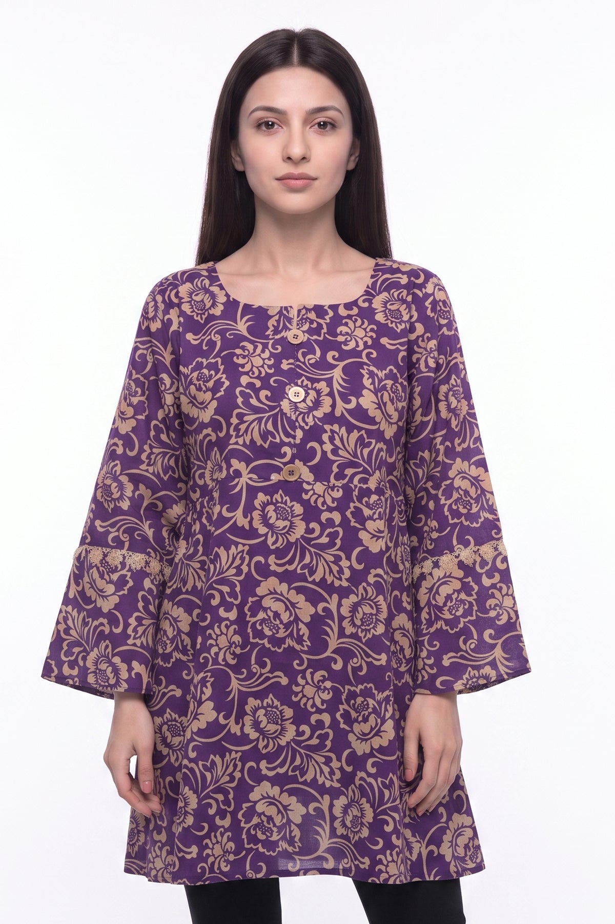 Royal Purple & Gold Baroque Floral Lawn Printed Short Kurti