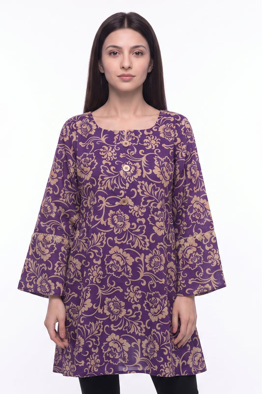 Royal Purple & Gold Baroque Floral Lawn Printed Short Kurti