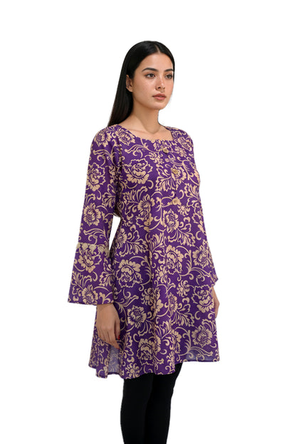 Royal Purple & Gold Baroque Floral Lawn Printed Short Kurti