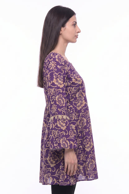 Royal Purple & Gold Baroque Floral Lawn Printed Short Kurti