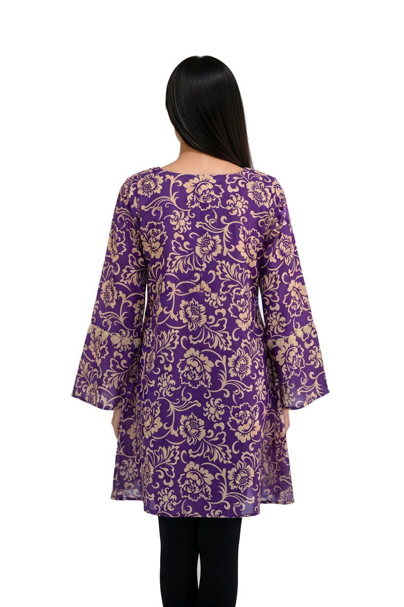 Royal Purple & Gold Baroque Floral Lawn Printed Short Kurti
