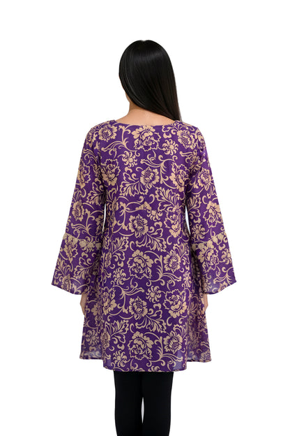 Royal Purple & Gold Baroque Floral Lawn Printed Short Kurti