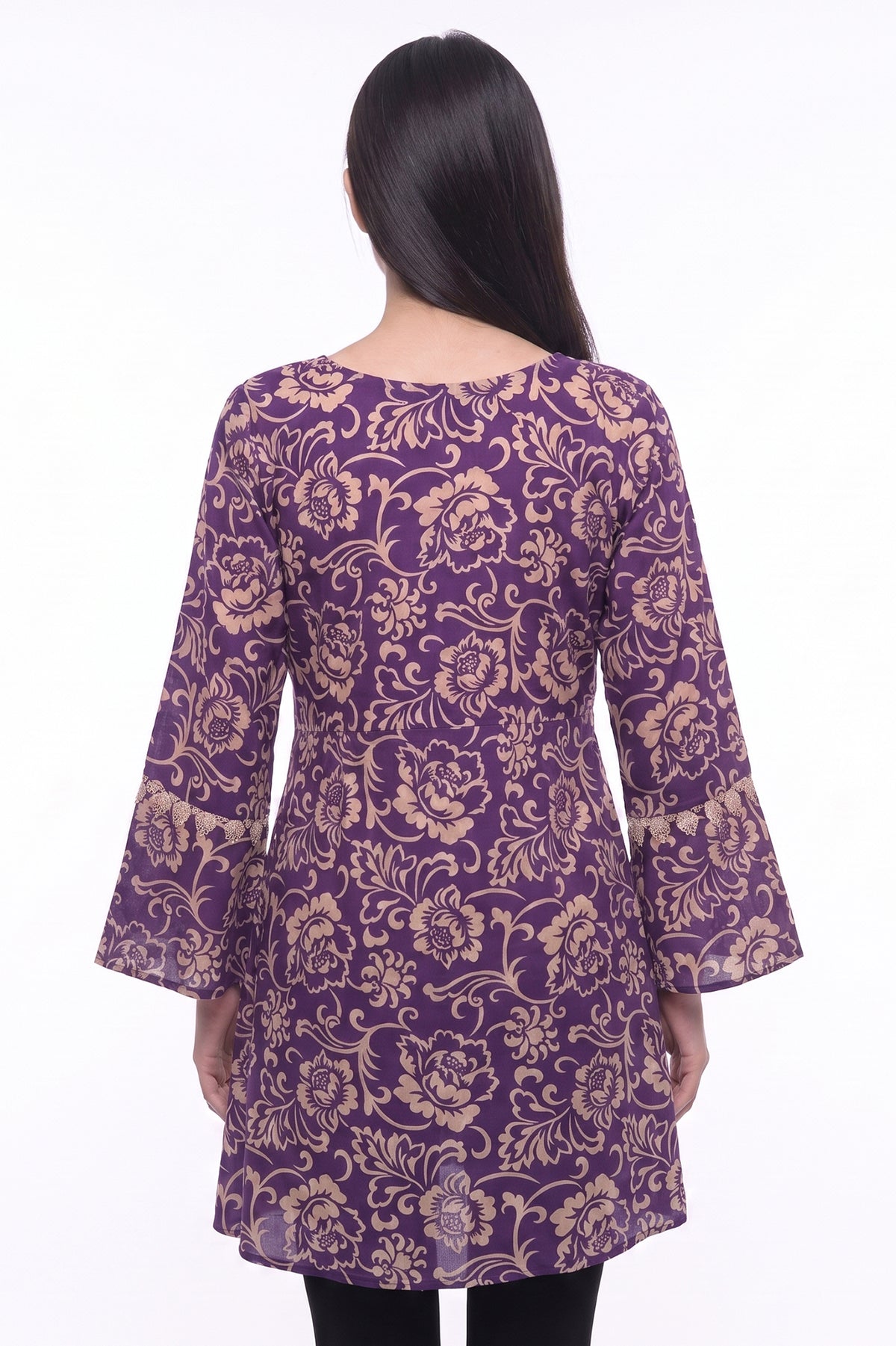Royal Purple & Gold Baroque Floral Lawn Printed Short Kurti