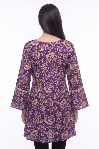 Royal Purple & Gold Baroque Floral Lawn Printed Short Kurti