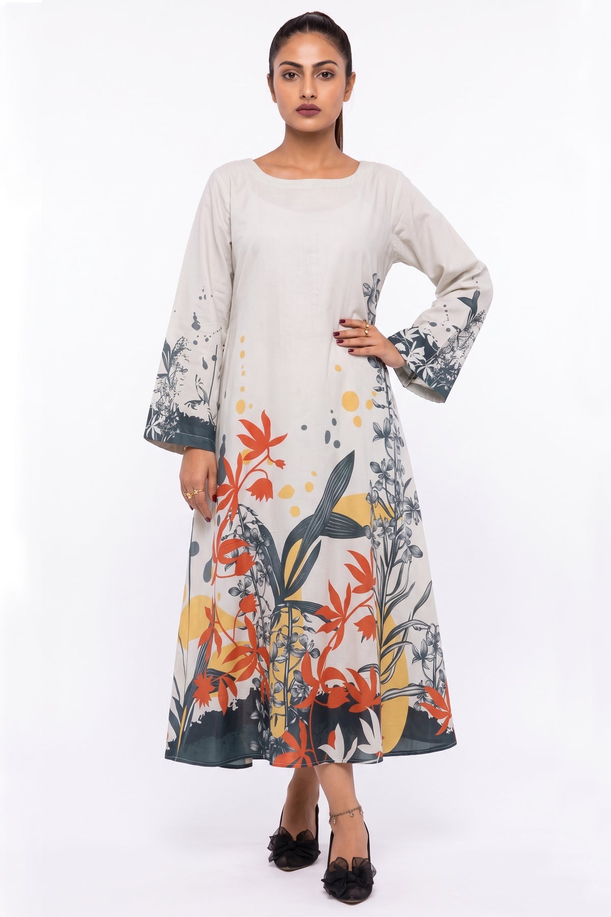 Beige Botanical & Abstract Cotton Maxi Dress