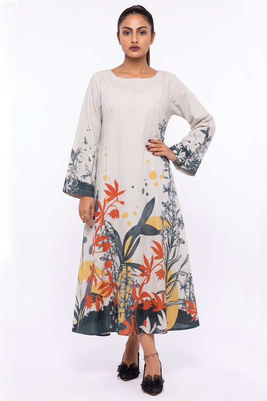 Beige Botanical & Abstract Cotton Maxi Dress