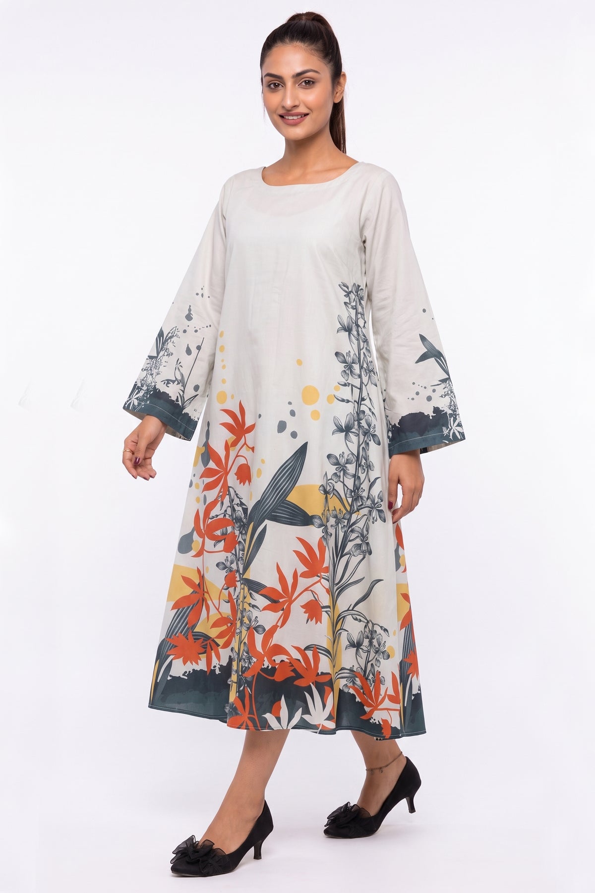 Beige Botanical & Abstract Cotton Maxi Dress
