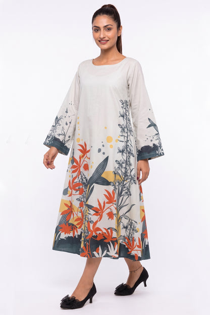 Beige Botanical & Abstract Cotton Maxi Dress