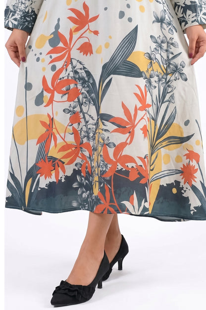 Beige Botanical & Abstract Cotton Maxi Dress