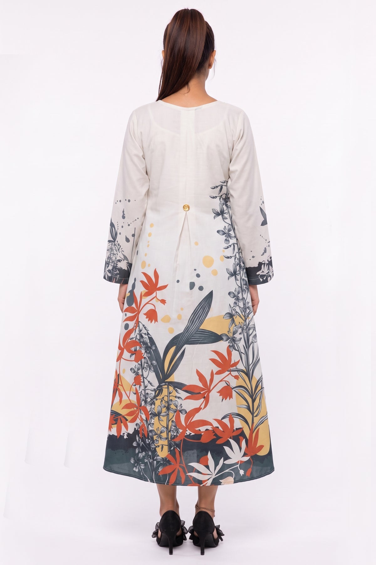 Beige Botanical & Abstract Cotton Maxi Dress
