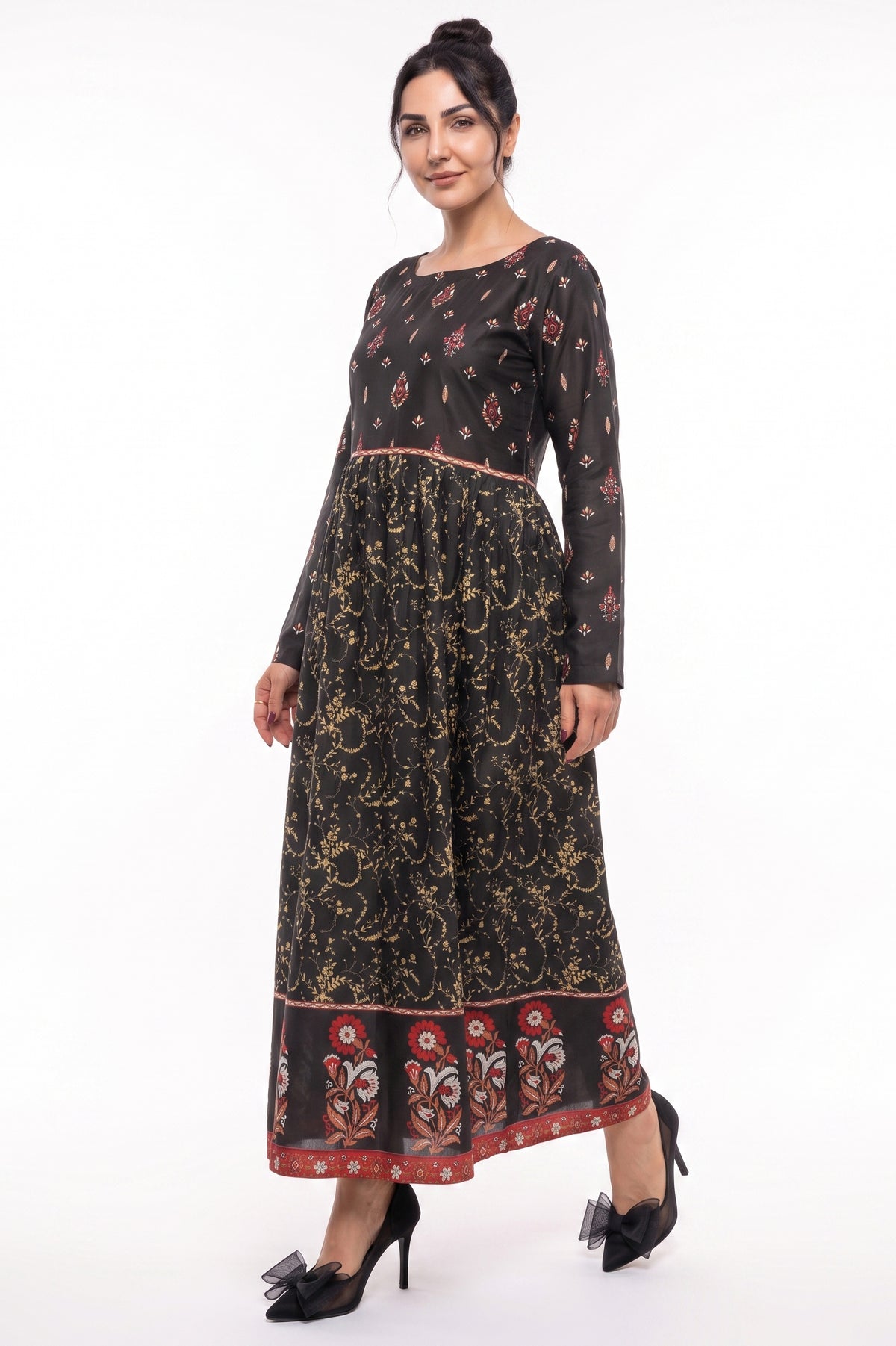 Black Ethnic Floral Cotton Maxi Dress