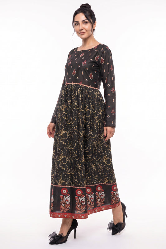 Black Ethnic Floral Cotton Maxi Dress