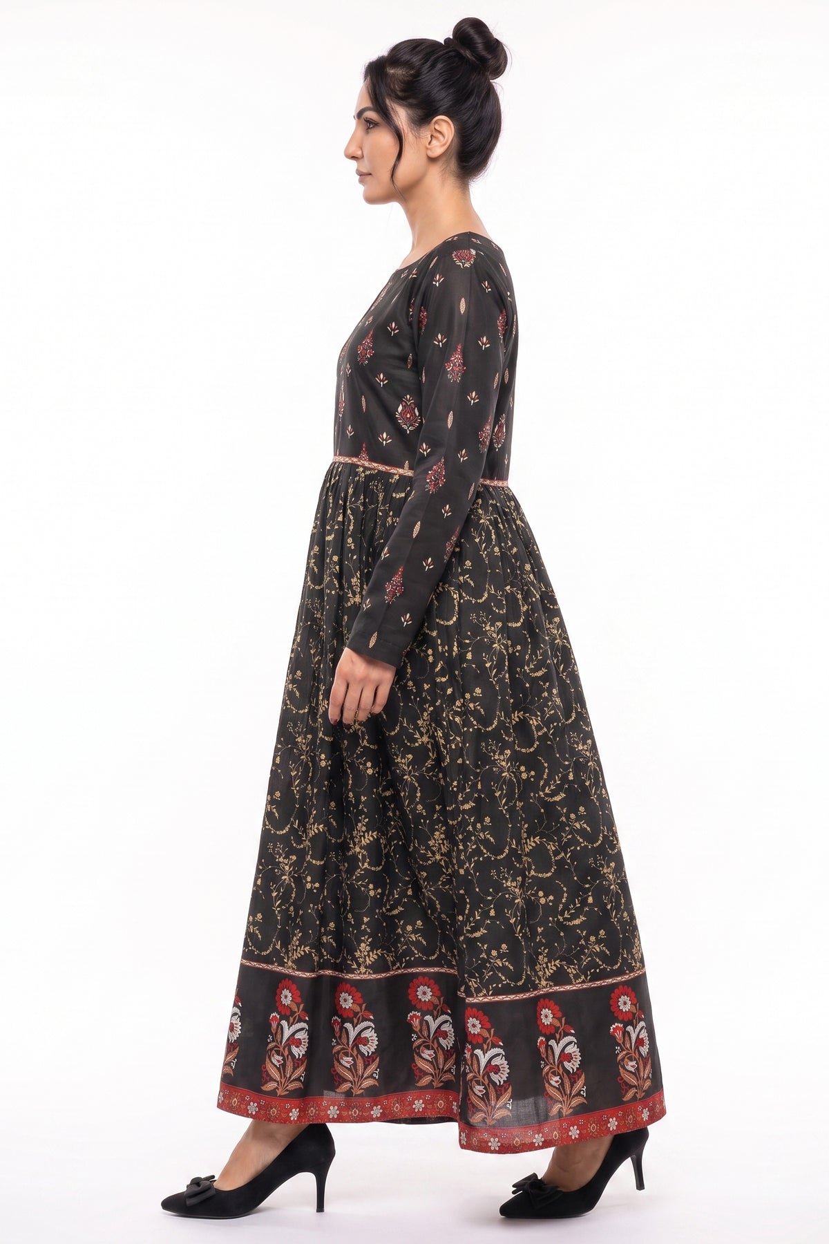 Black Ethnic Floral Cotton Maxi Dress