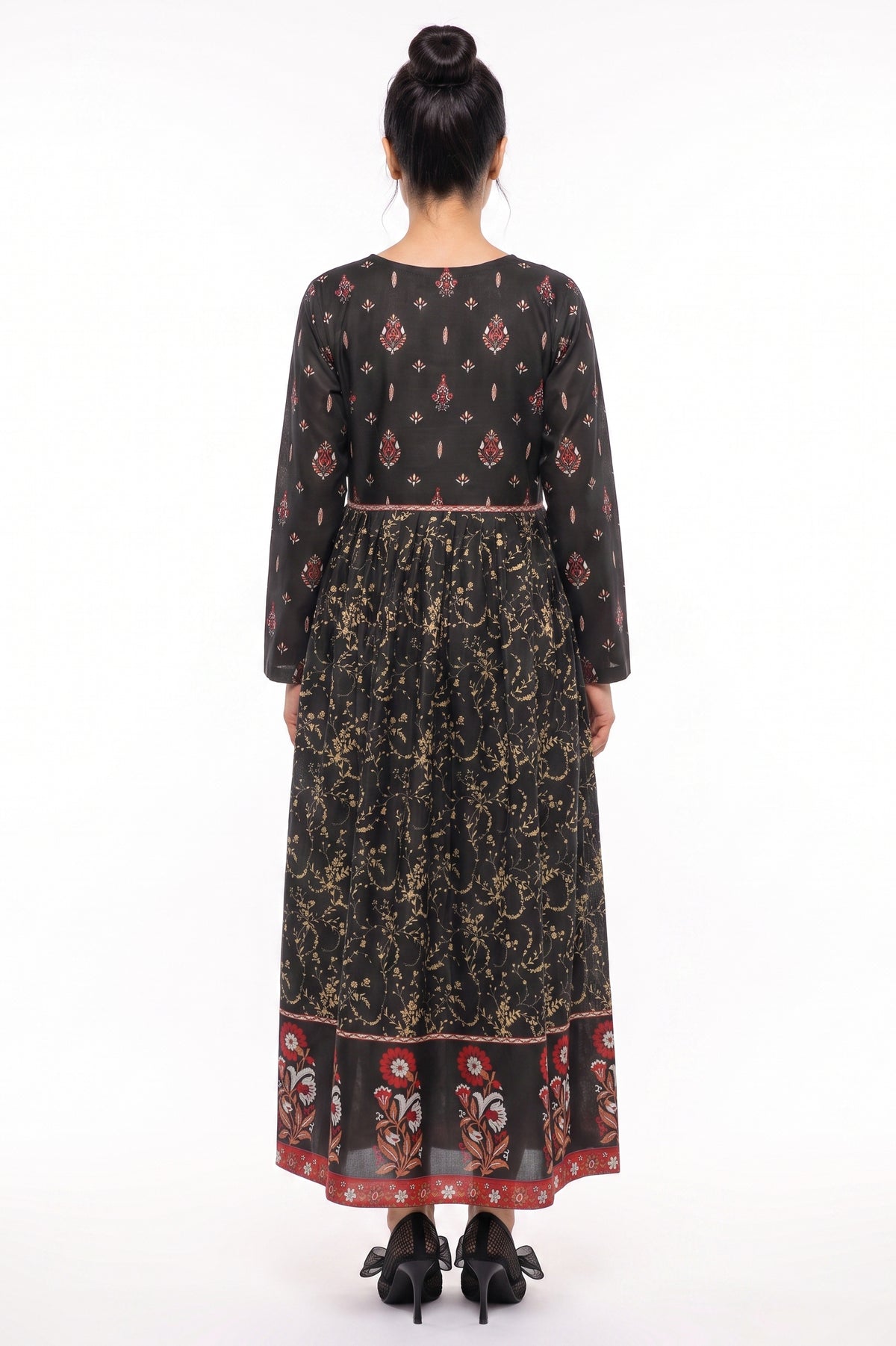 Black Ethnic Floral Cotton Maxi Dress