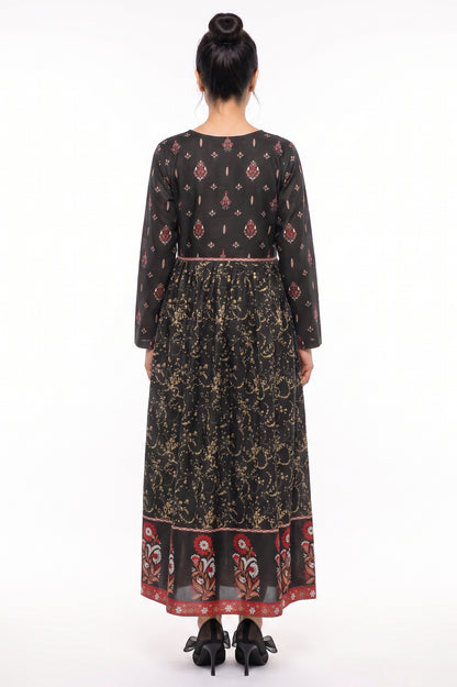 Black Ethnic Floral Cotton Maxi Dress