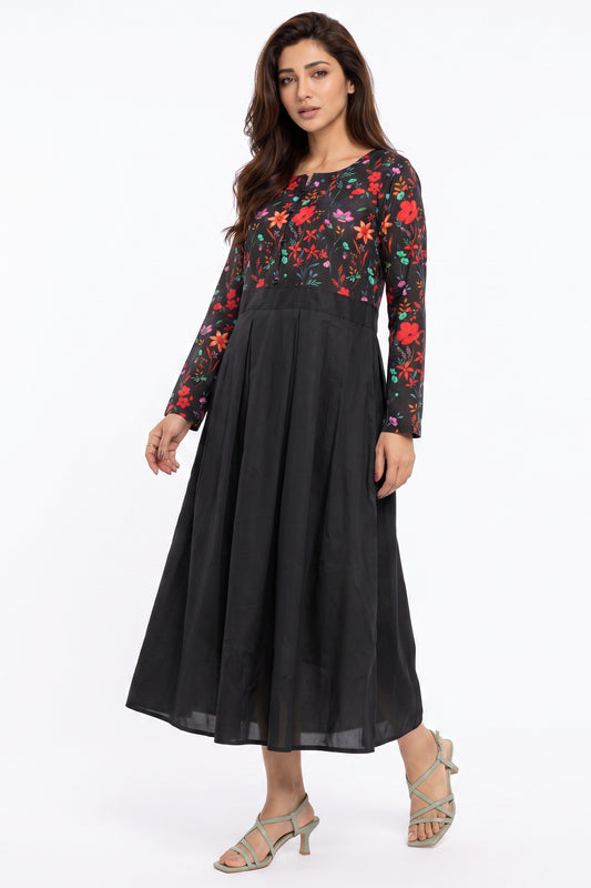 Black Floral Two-Tone Cotton Maxi Dress