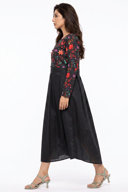 Black Floral Two-Tone Cotton Maxi Dress