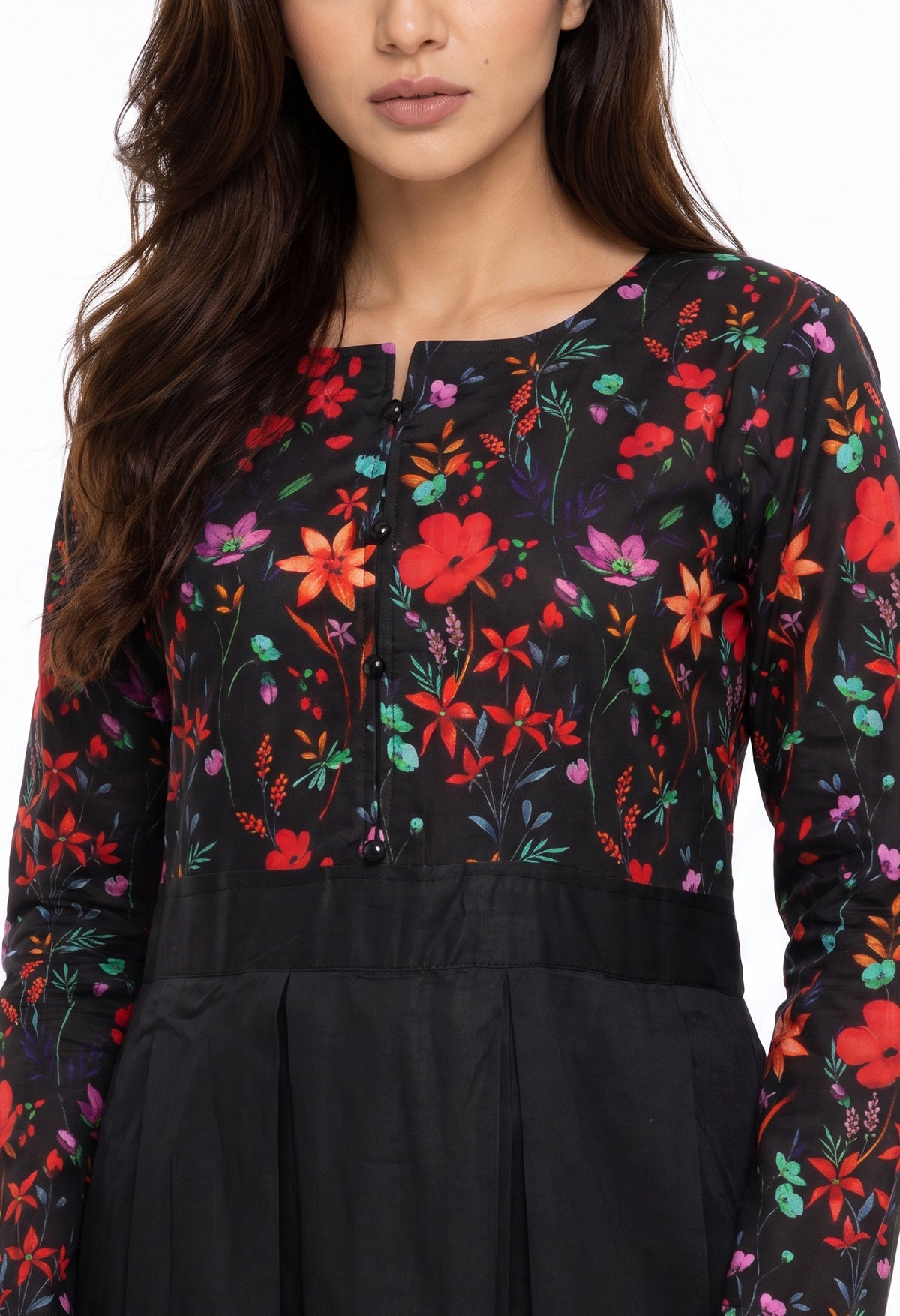 Black Floral Two-Tone Cotton Maxi Dress