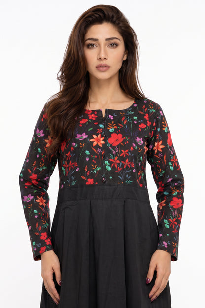 Black Floral Two-Tone Cotton Maxi Dress