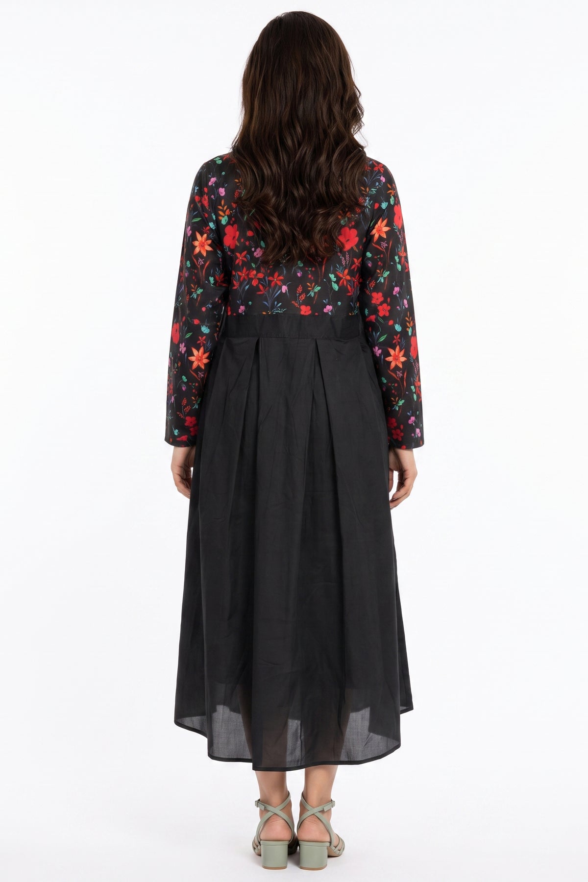 Black Floral Two-Tone Cotton Maxi Dress