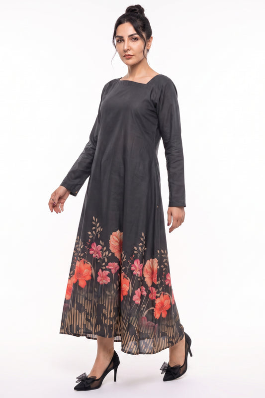 Black Floral Border Printed Cotton Maxi Dress