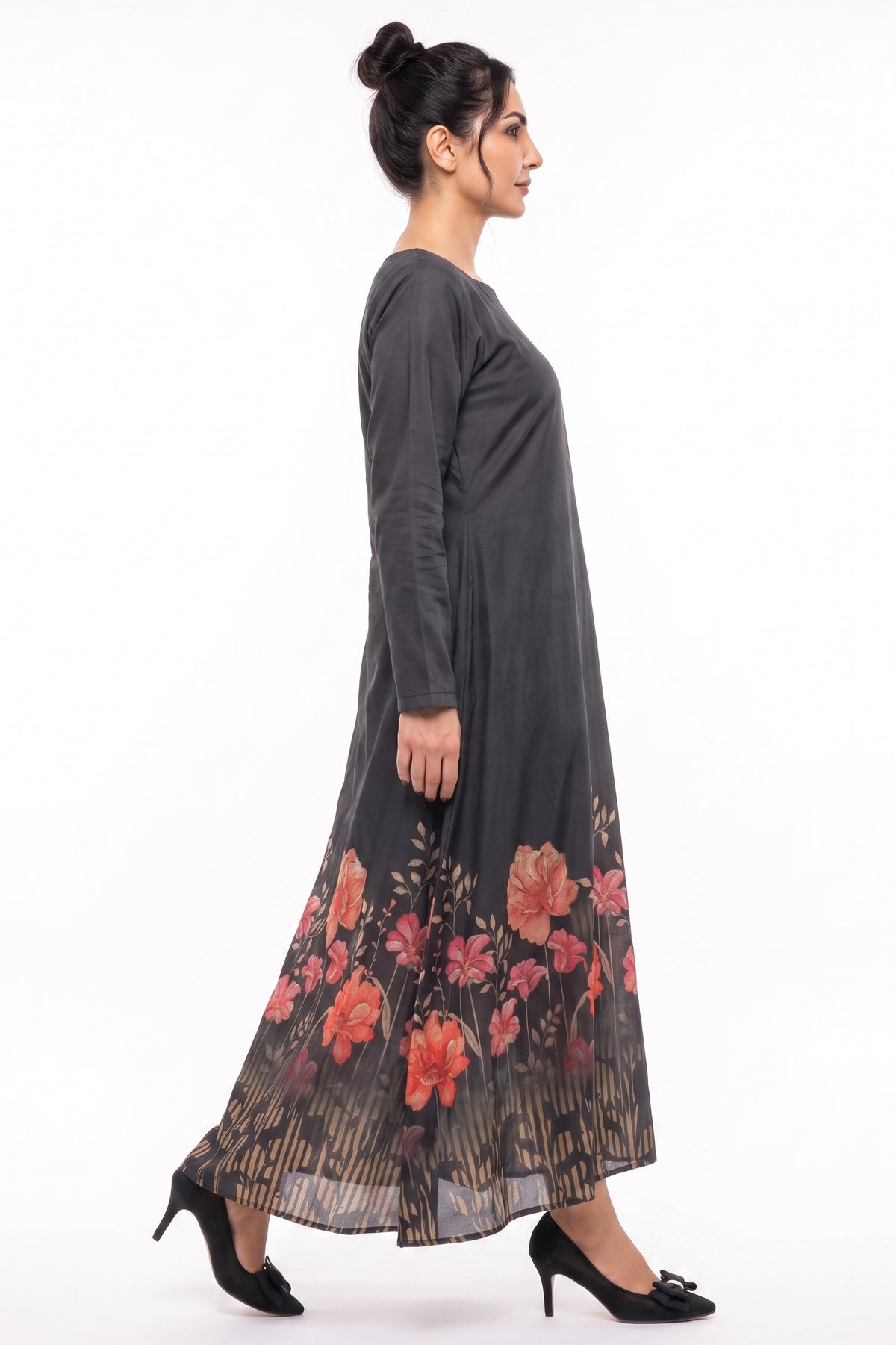 Black Floral Border Printed Cotton Maxi Dress